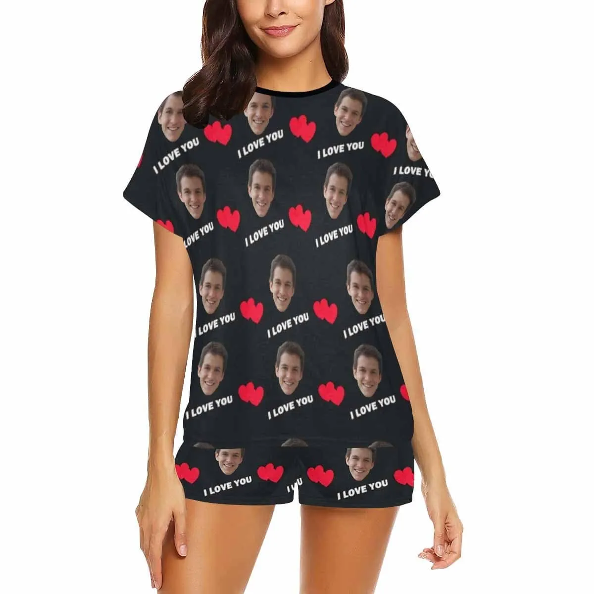 Custom Face Pajamas I Love You Loungewear Personalized Black Women's Short Pajama Set Honeymoon Anniversary Gift