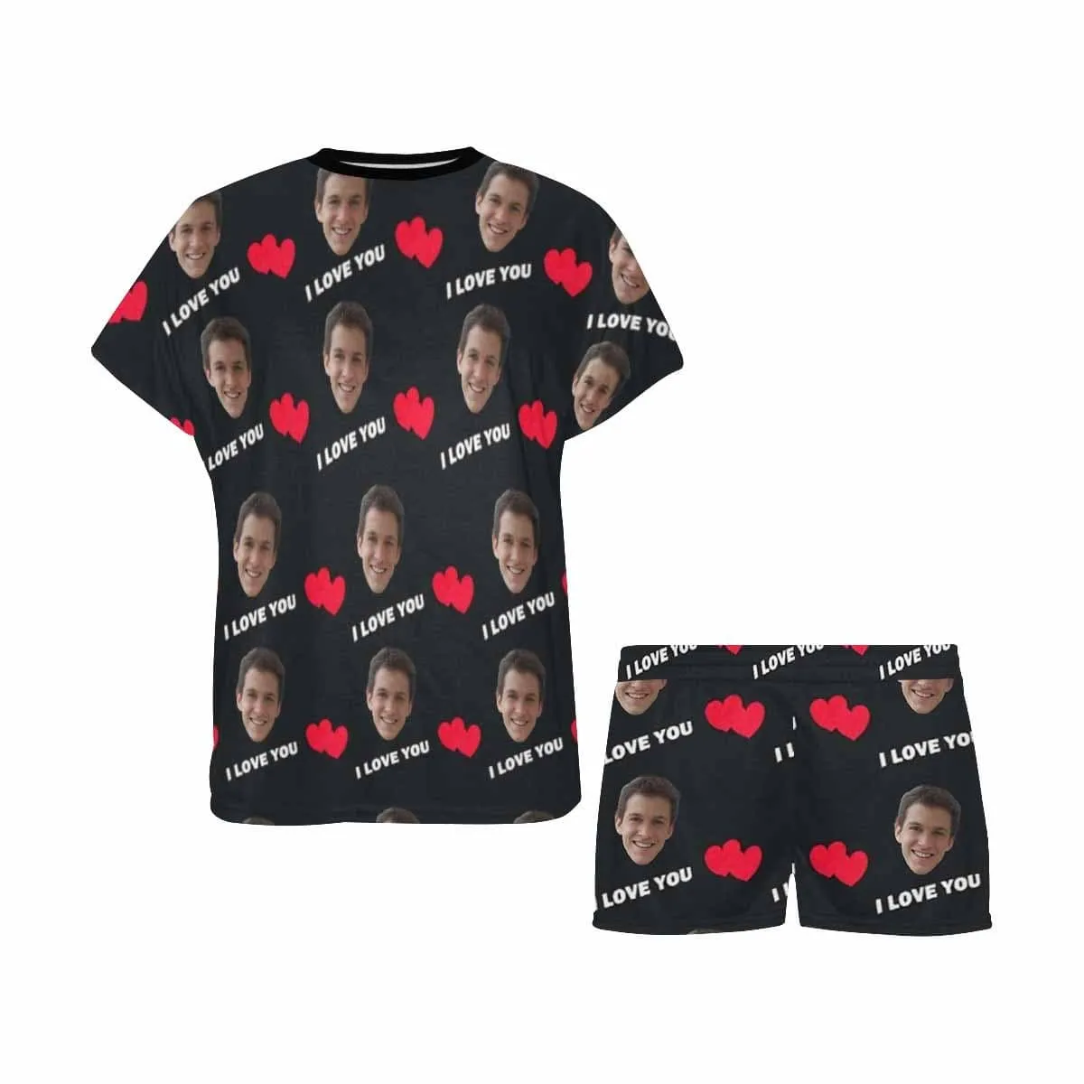 Custom Face Pajamas I Love You Loungewear Personalized Black Women's Short Pajama Set Honeymoon Anniversary Gift