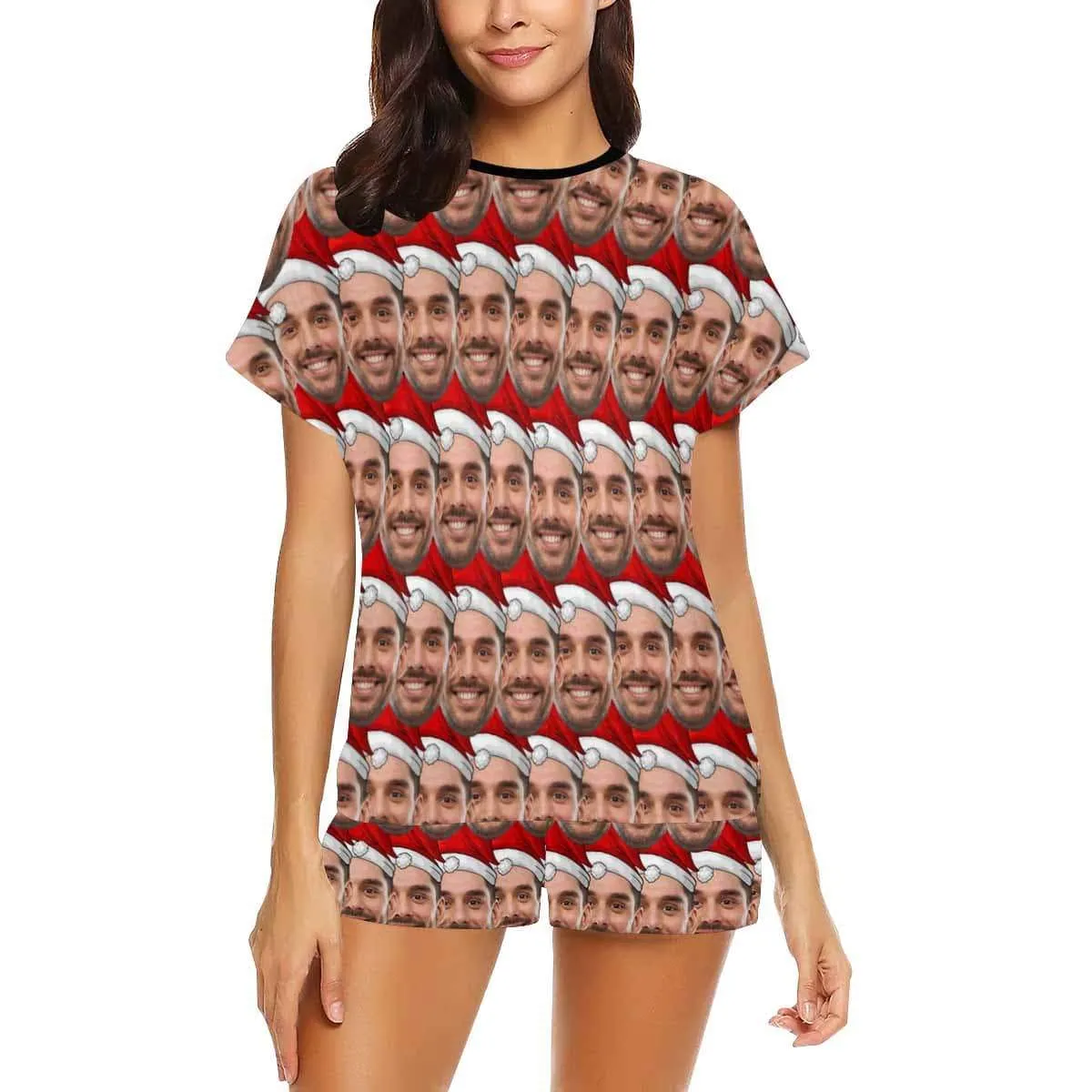 Custom Womens Christmas Pajamas Personalized Face Seamless Christmas Hat Women's Short Pajama Set