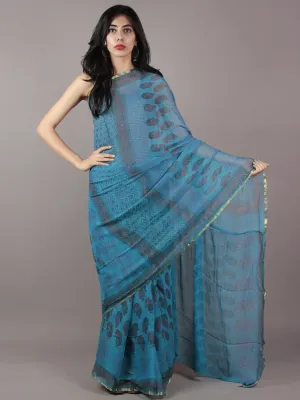 Deep Sky Blue Pink Hand Block Printed Chiffon Saree - S031701812