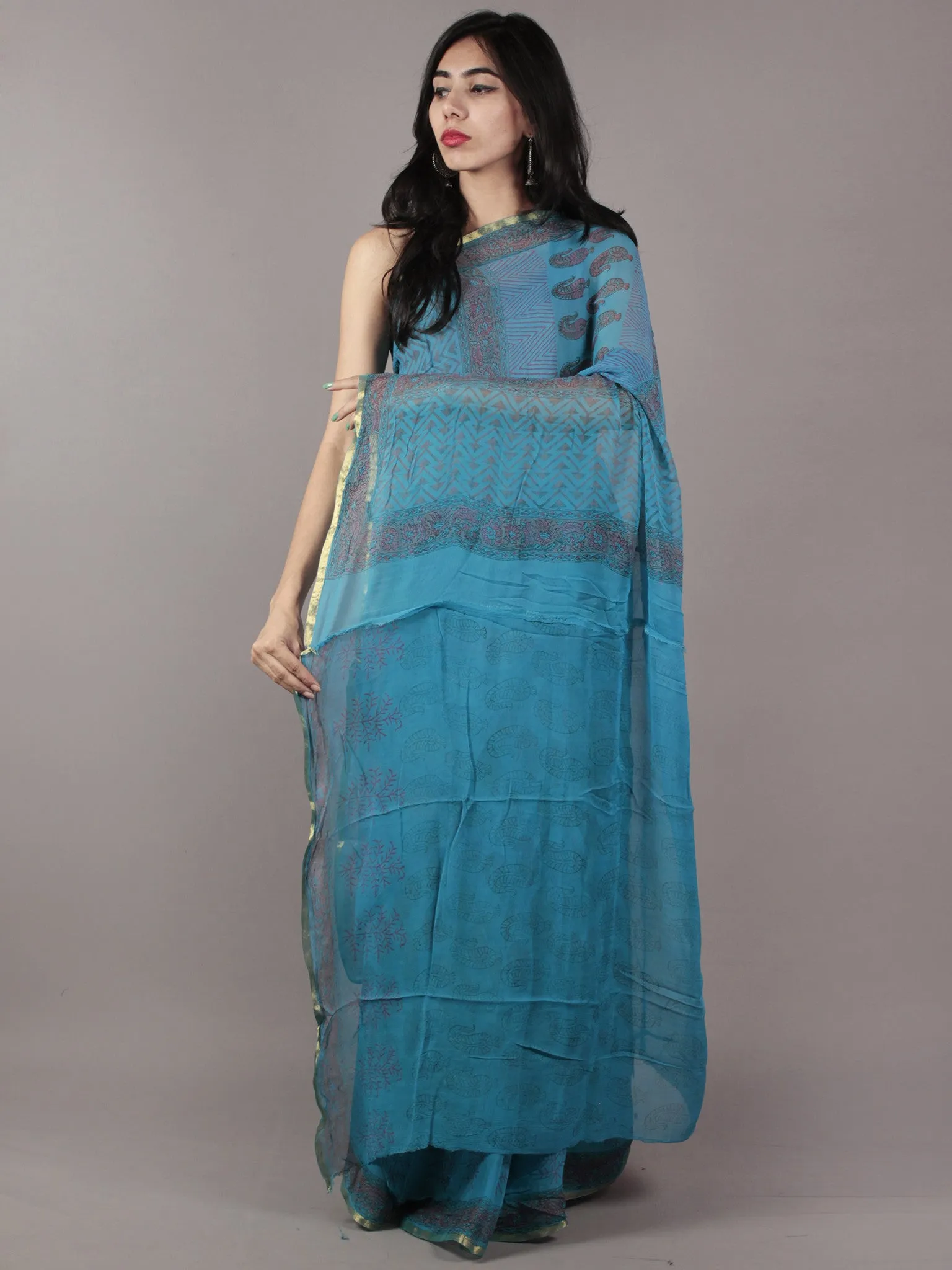 Deep Sky Blue Pink Hand Block Printed Chiffon Saree - S031701812