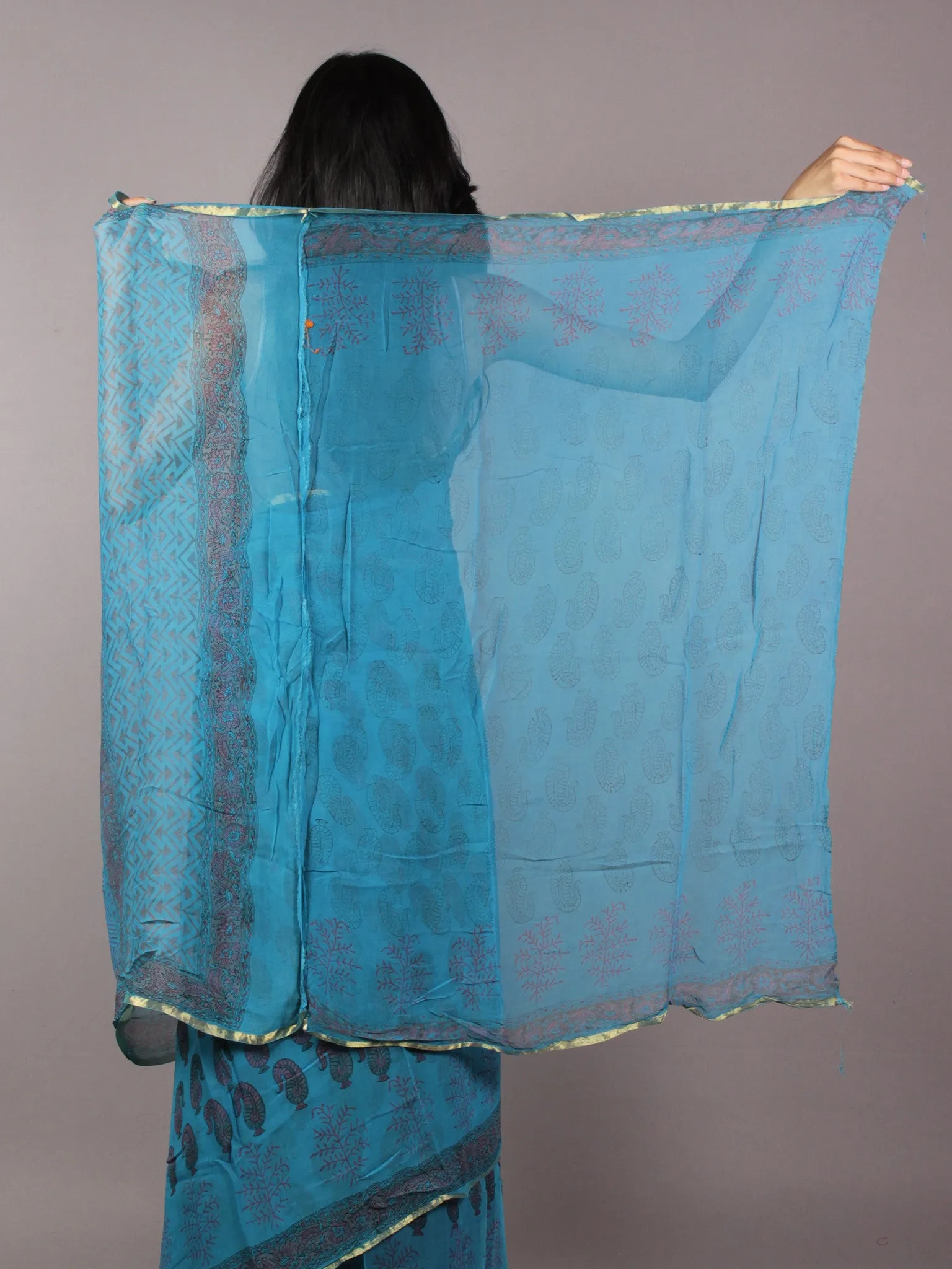 Deep Sky Blue Pink Hand Block Printed Chiffon Saree - S031701812