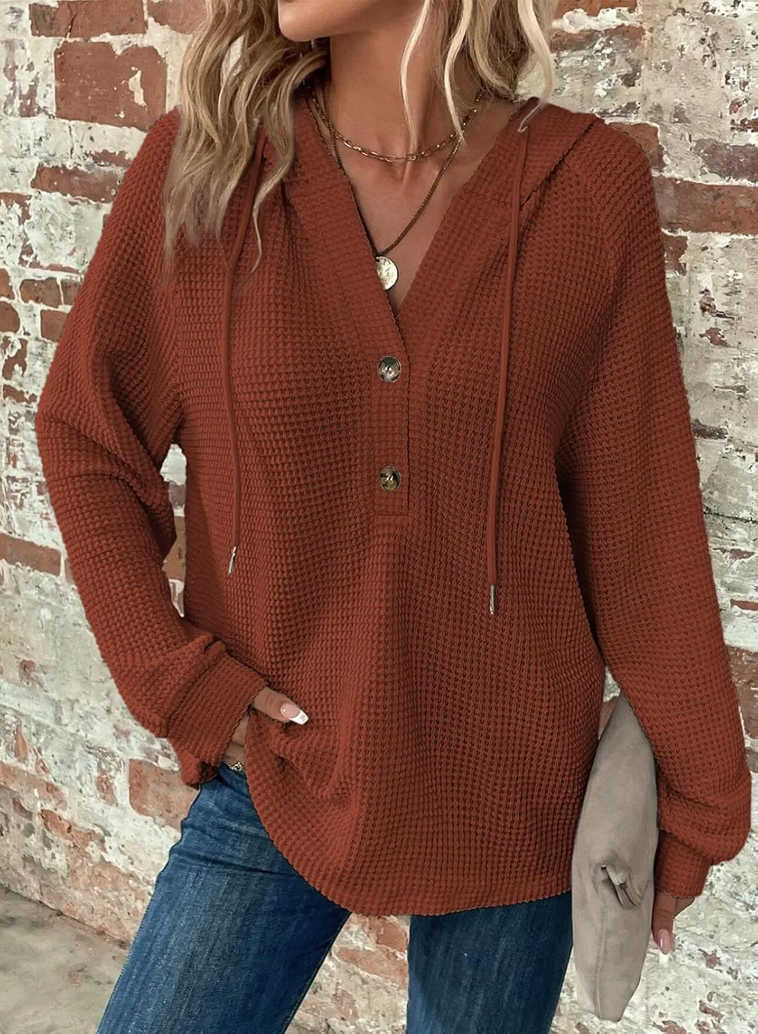 Dokotoo Hoodies for Women Waffle Knit Long Sleeve Drawstring Button V Neck Casual Pullover Sweatshirt Hooded Tops