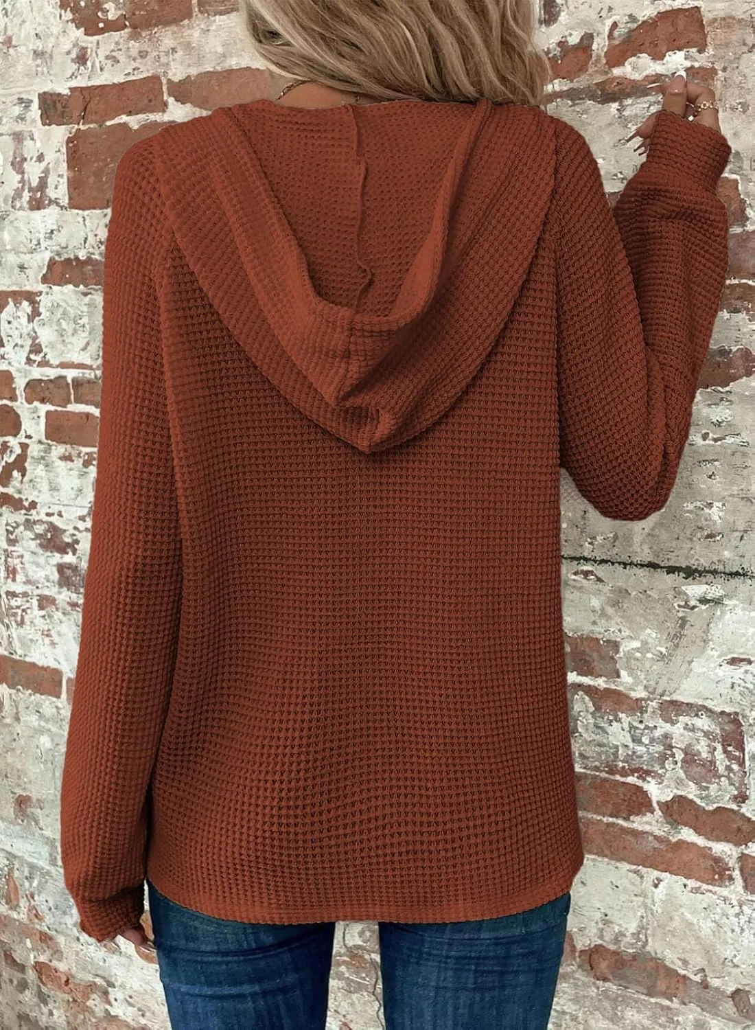 Dokotoo Hoodies for Women Waffle Knit Long Sleeve Drawstring Button V Neck Casual Pullover Sweatshirt Hooded Tops
