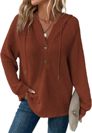 Dokotoo Hoodies for Women Waffle Knit Long Sleeve Drawstring Button V Neck Casual Pullover Sweatshirt Hooded Tops