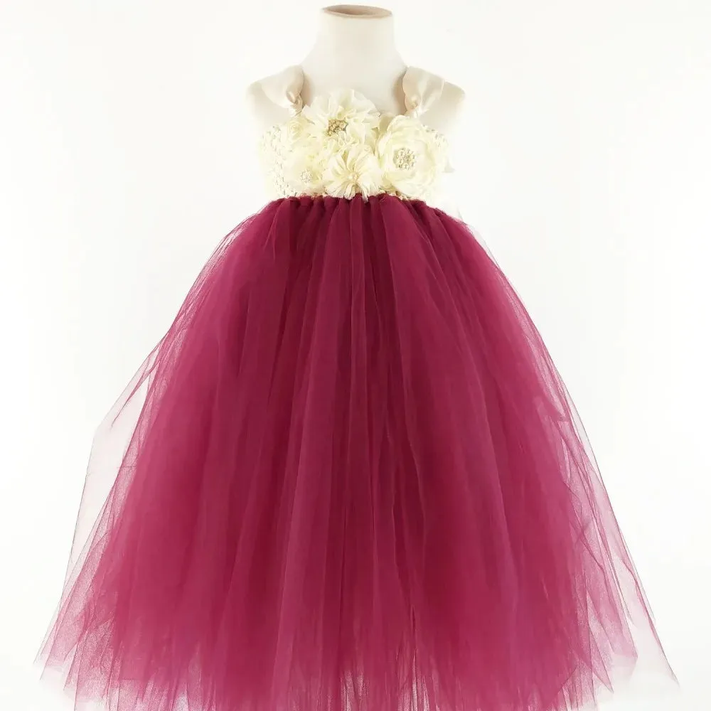 Elegant Burgundy Flower Girls Tutu Dress for Wedding Party