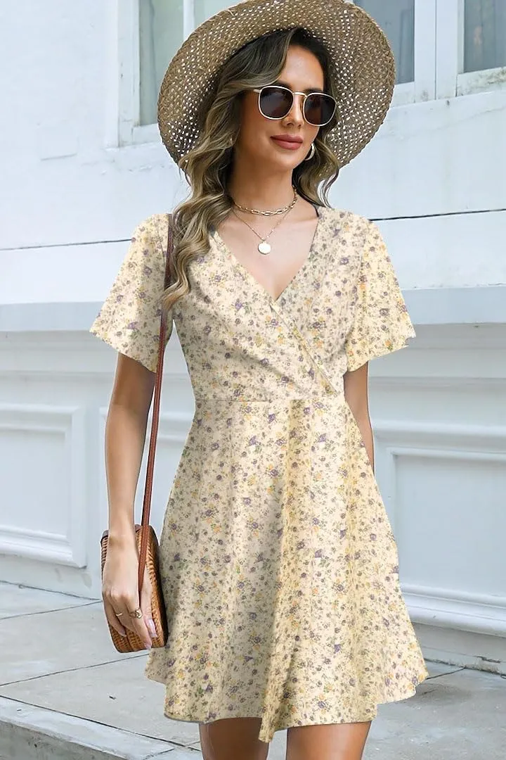 ETCYY NEW Womens Summer Dresses Slant Open V Neck Floral Printed Sundresses Flowy Dress Short Sleeve
