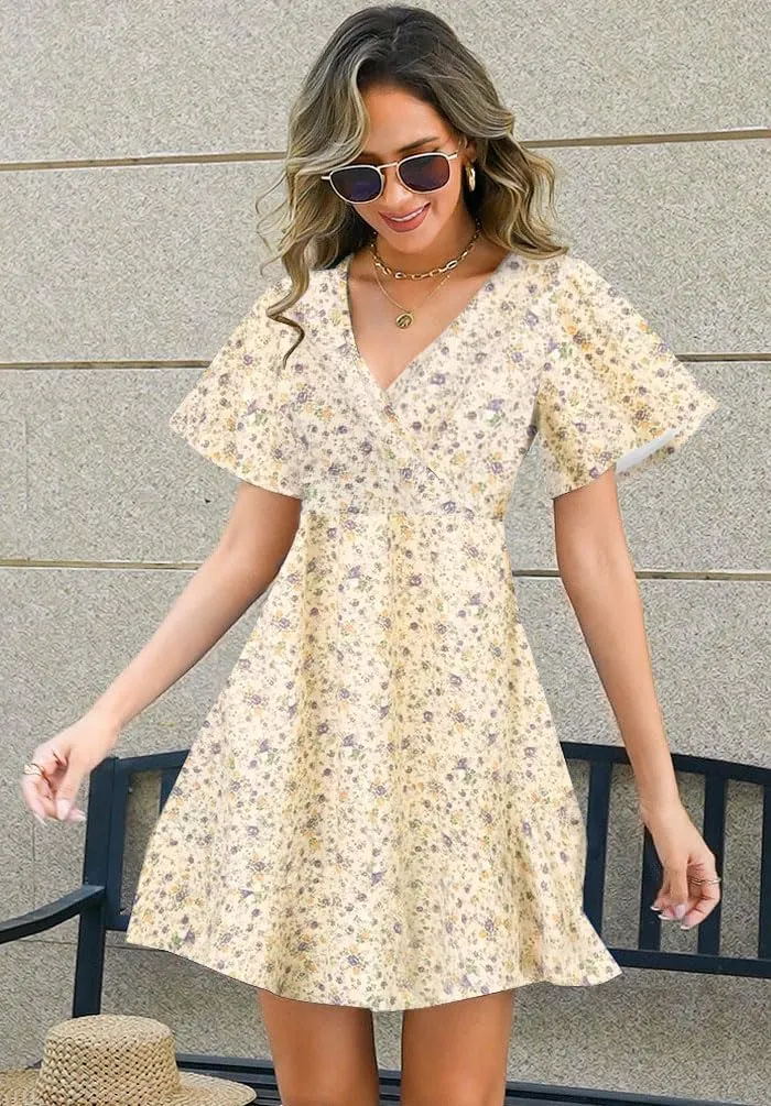 ETCYY NEW Womens Summer Dresses Slant Open V Neck Floral Printed Sundresses Flowy Dress Short Sleeve