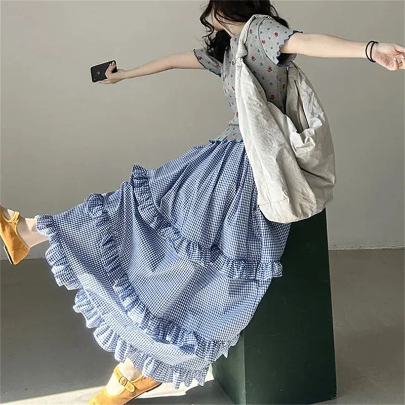 Girlary 2024 New Arrival Summer Women All-matched Casual Loose Fit Ruffles Patchwork A-line Elastic Waist Ankle-length Skirt V951