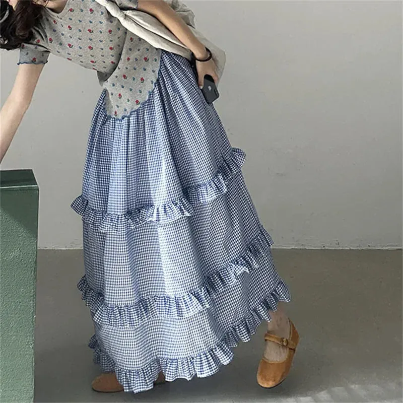 Girlary 2024 New Arrival Summer Women All-matched Casual Loose Fit Ruffles Patchwork A-line Elastic Waist Ankle-length Skirt V951