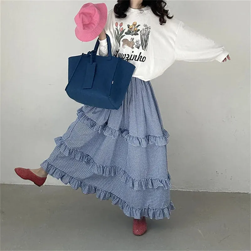 Girlary 2024 New Arrival Summer Women All-matched Casual Loose Fit Ruffles Patchwork A-line Elastic Waist Ankle-length Skirt V951