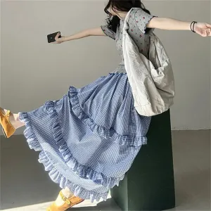 Girlary 2024 New Arrival Summer Women All-matched Casual Loose Fit Ruffles Patchwork A-line Elastic Waist Ankle-length Skirt V951