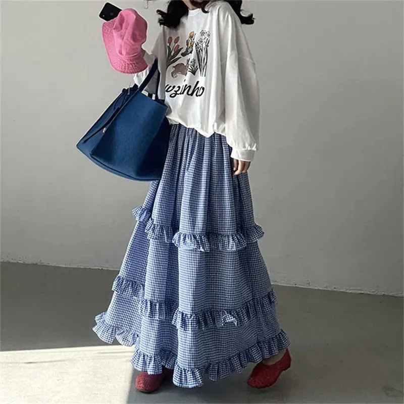 Girlary 2024 New Arrival Summer Women All-matched Casual Loose Fit Ruffles Patchwork A-line Elastic Waist Ankle-length Skirt V951