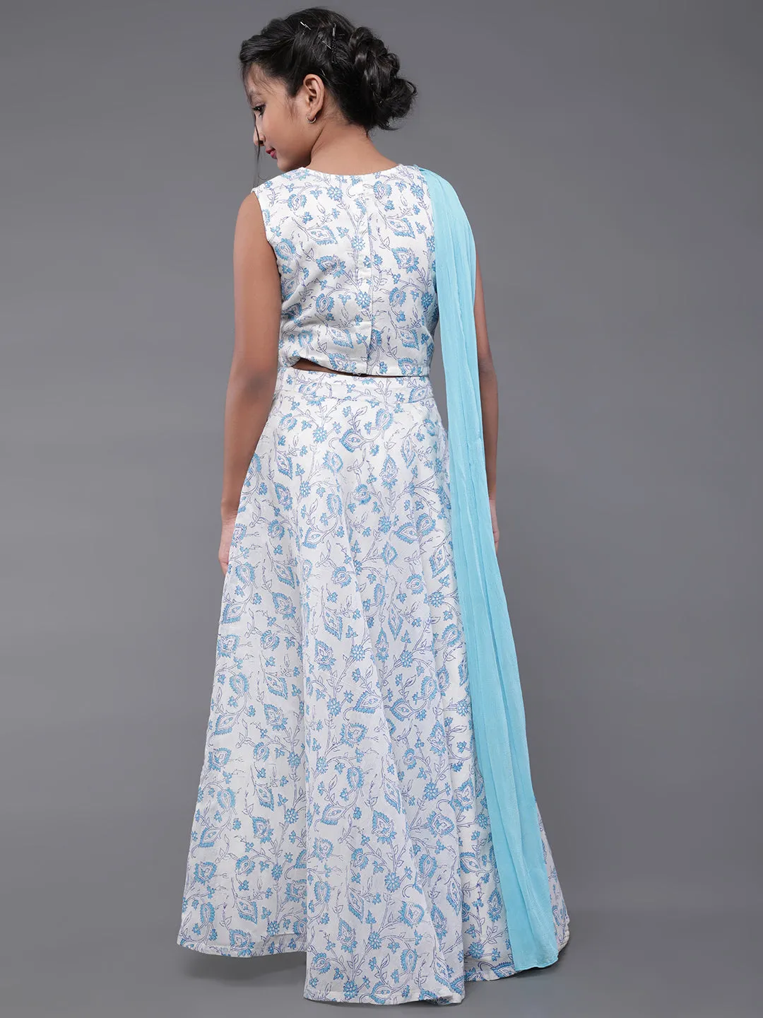 Girl's Blue & White Hand Block Printed Lehenga Choli With Attatched Dupatta Set - Aks Girls