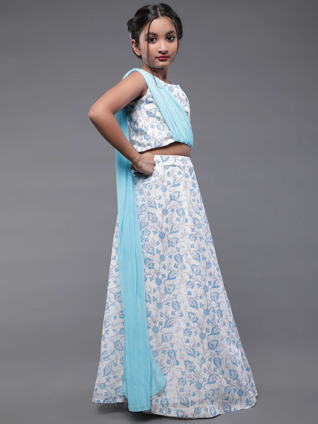 Girl's Blue & White Hand Block Printed Lehenga Choli With Attatched Dupatta Set - Aks Girls
