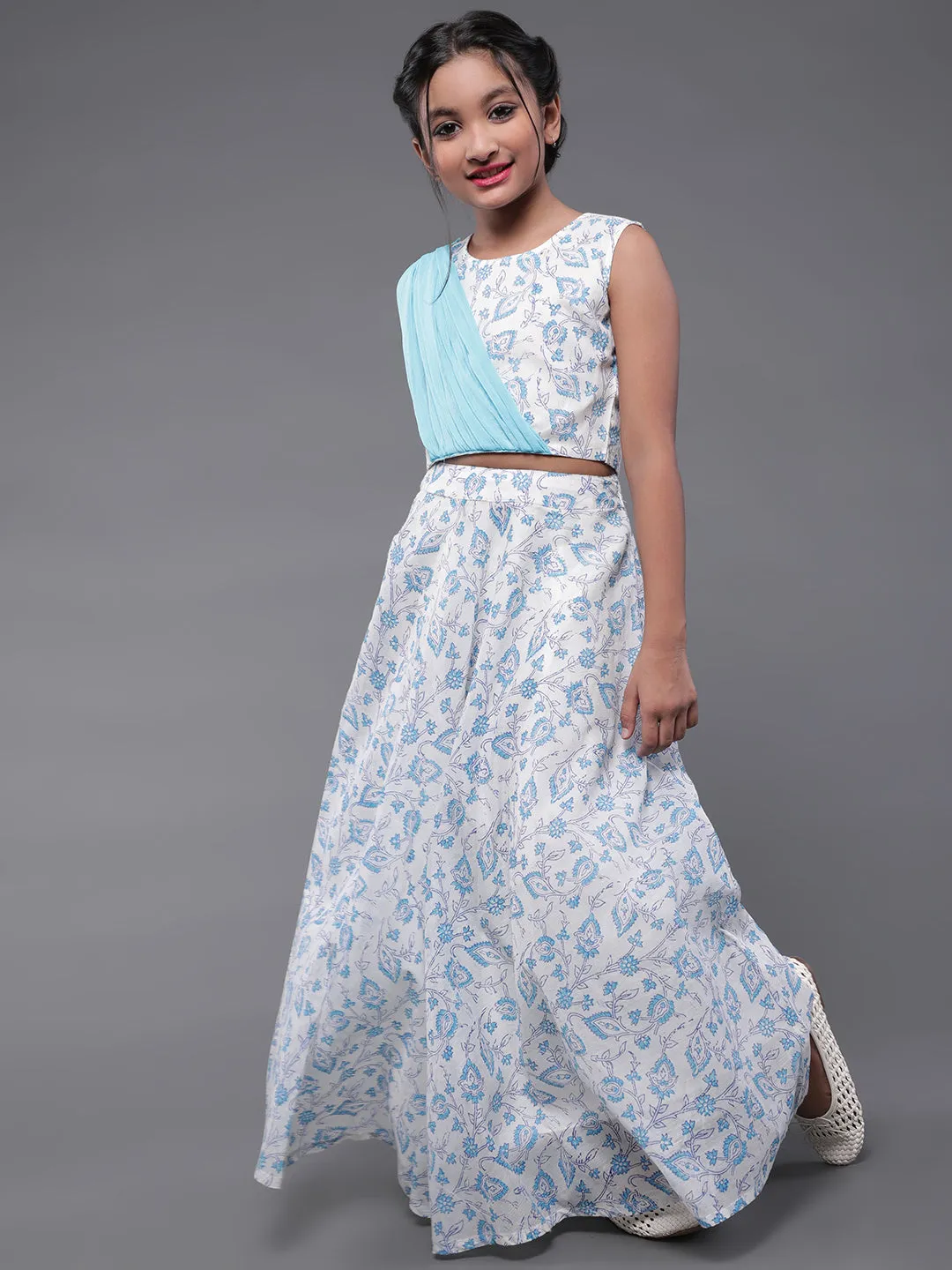 Girl's Blue & White Hand Block Printed Lehenga Choli With Attatched Dupatta Set - Aks Girls