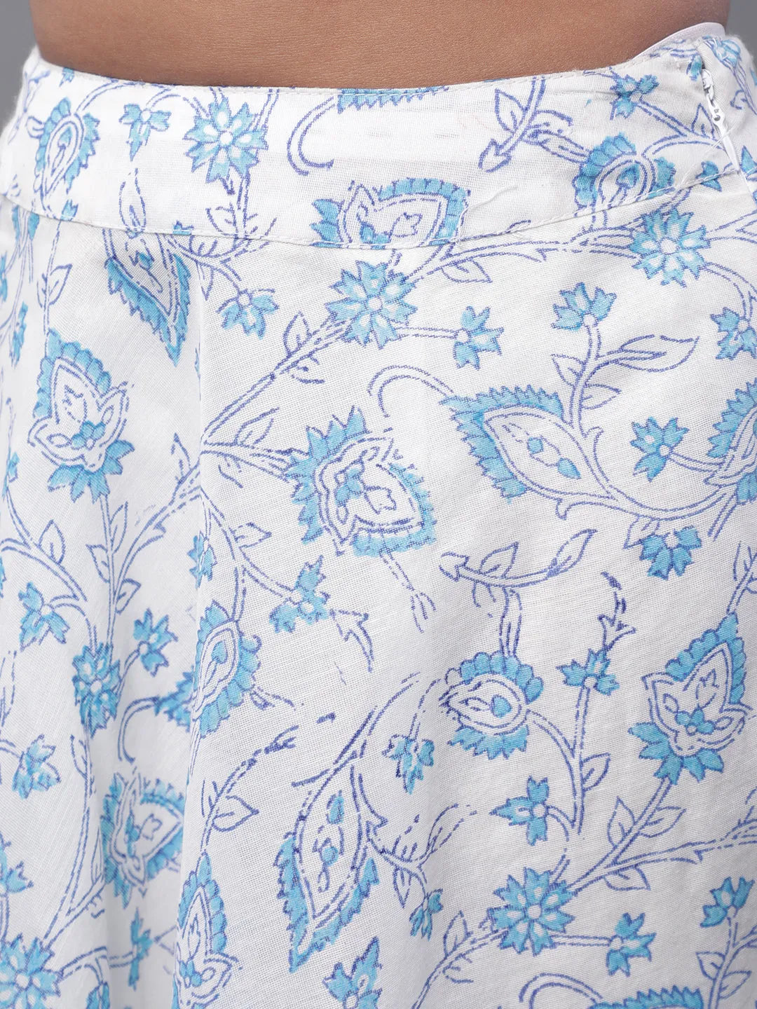 Girl's Blue & White Hand Block Printed Lehenga Choli With Attatched Dupatta Set - Aks Girls