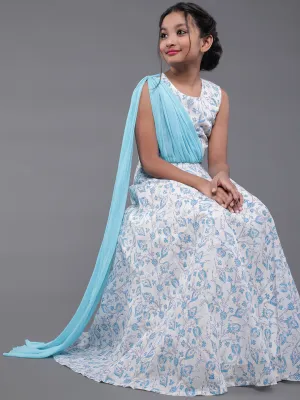 Girl's Blue & White Hand Block Printed Lehenga Choli With Attatched Dupatta Set - Aks Girls