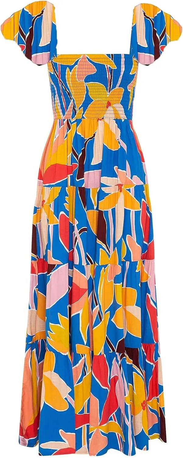 GOLDSTITCH Women's Smocked Maxi Dress Square Neck Ruffle Hem Puffy Short Sleeve Flowy Midi Dress