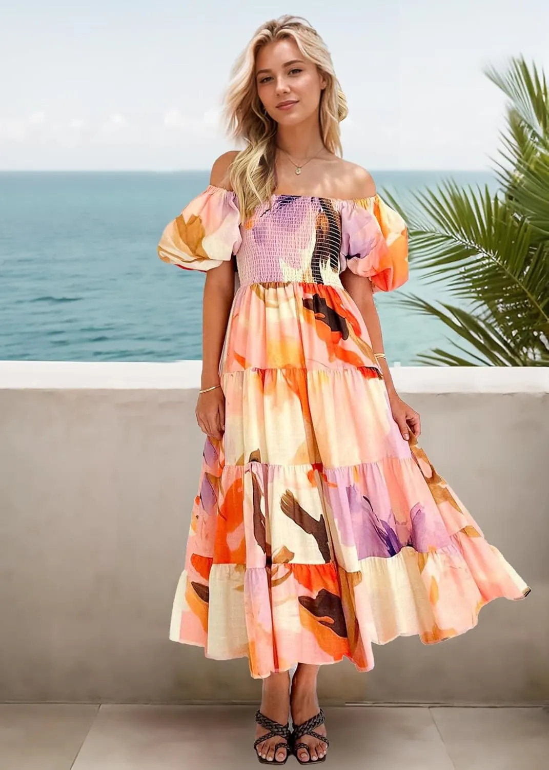 GOLDSTITCH Women's Smocked Maxi Dress Square Neck Ruffle Hem Puffy Short Sleeve Flowy Midi Dress
