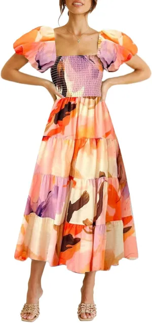 GOLDSTITCH Women's Smocked Maxi Dress Square Neck Ruffle Hem Puffy Short Sleeve Flowy Midi Dress