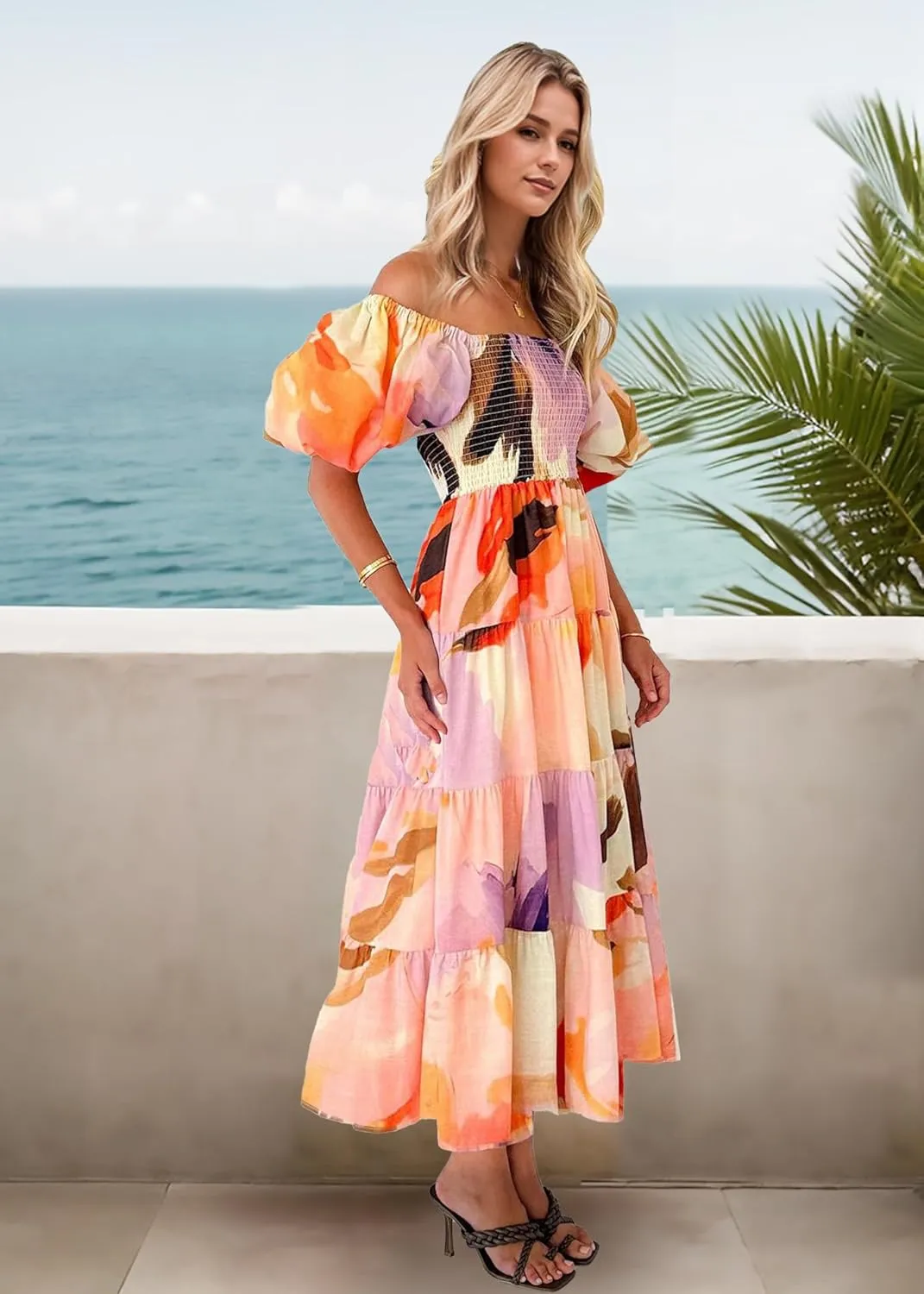 GOLDSTITCH Women's Smocked Maxi Dress Square Neck Ruffle Hem Puffy Short Sleeve Flowy Midi Dress