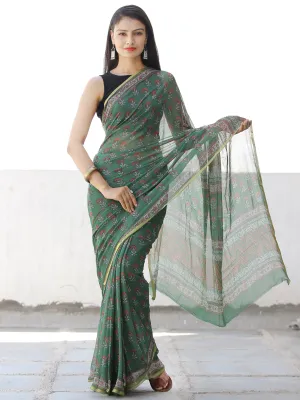 Green Coral Hand Block Printed Chiffon Saree with Zari Border - S031703959