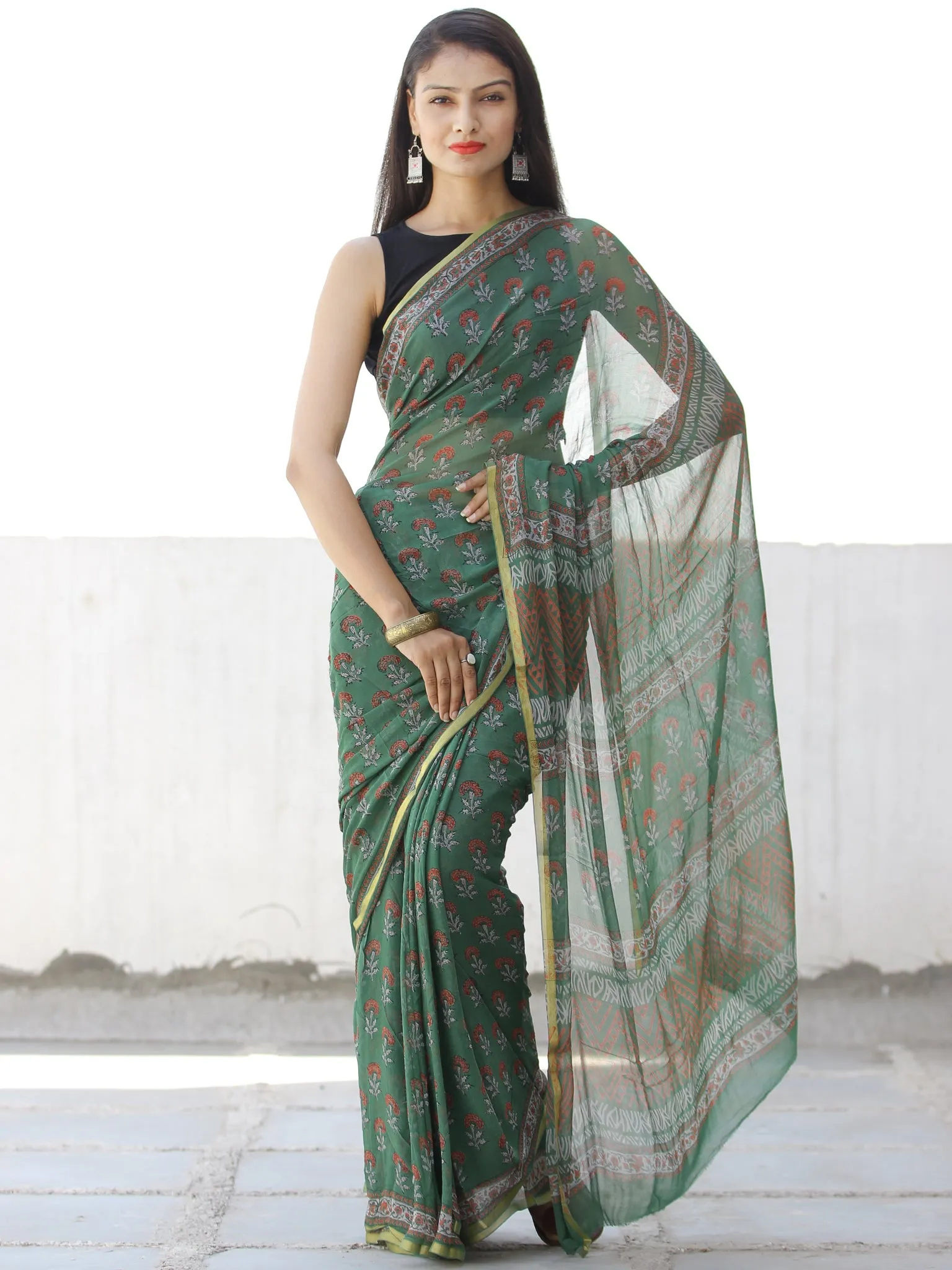 Green Coral Hand Block Printed Chiffon Saree with Zari Border - S031703959