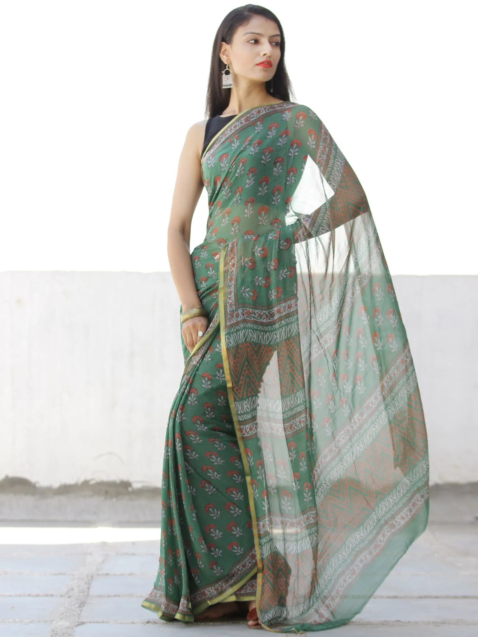 Green Coral Hand Block Printed Chiffon Saree with Zari Border - S031703959