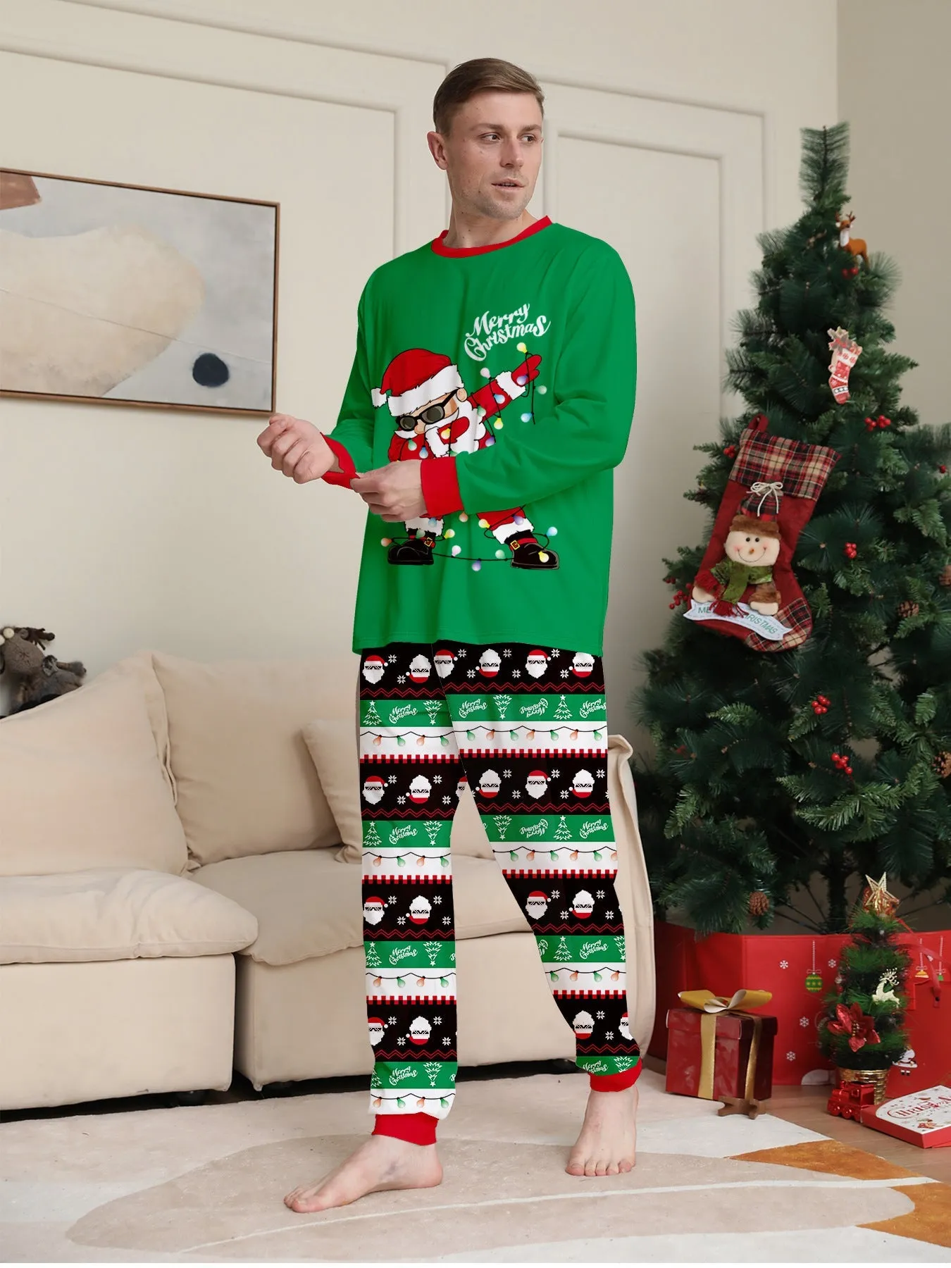 Green Dabbing Santa Family Matching Pajamas Pjs