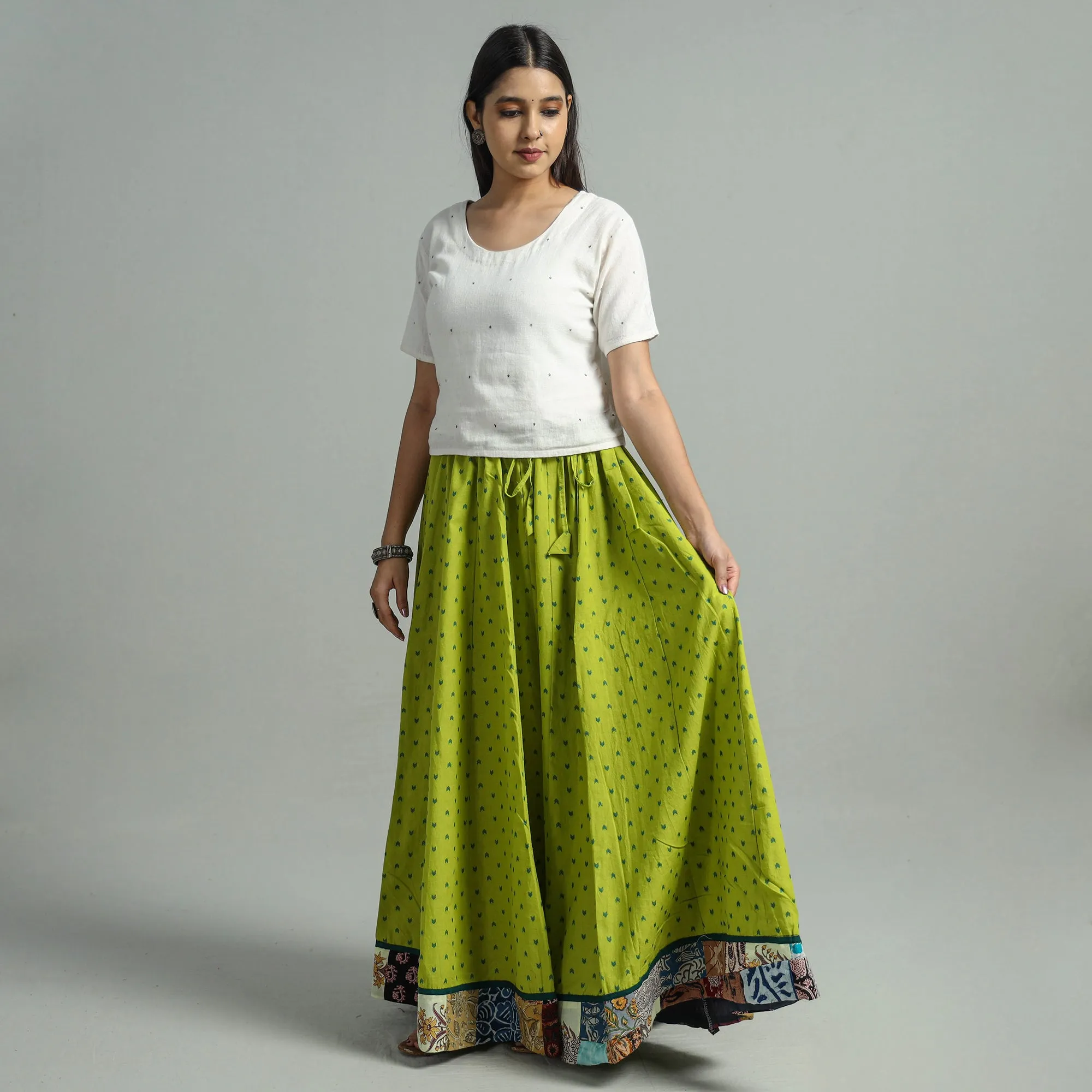 Green - Jacquard Patchwork 24 Kali Cotton Long Skirt 40