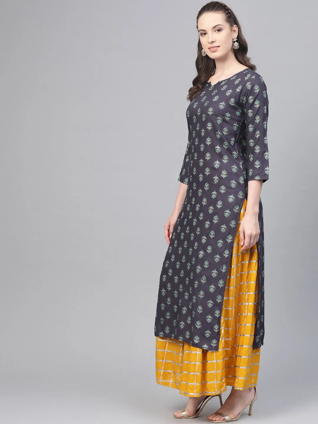 Grey Printed Straight Kurta Set With Mango Checked Skirt