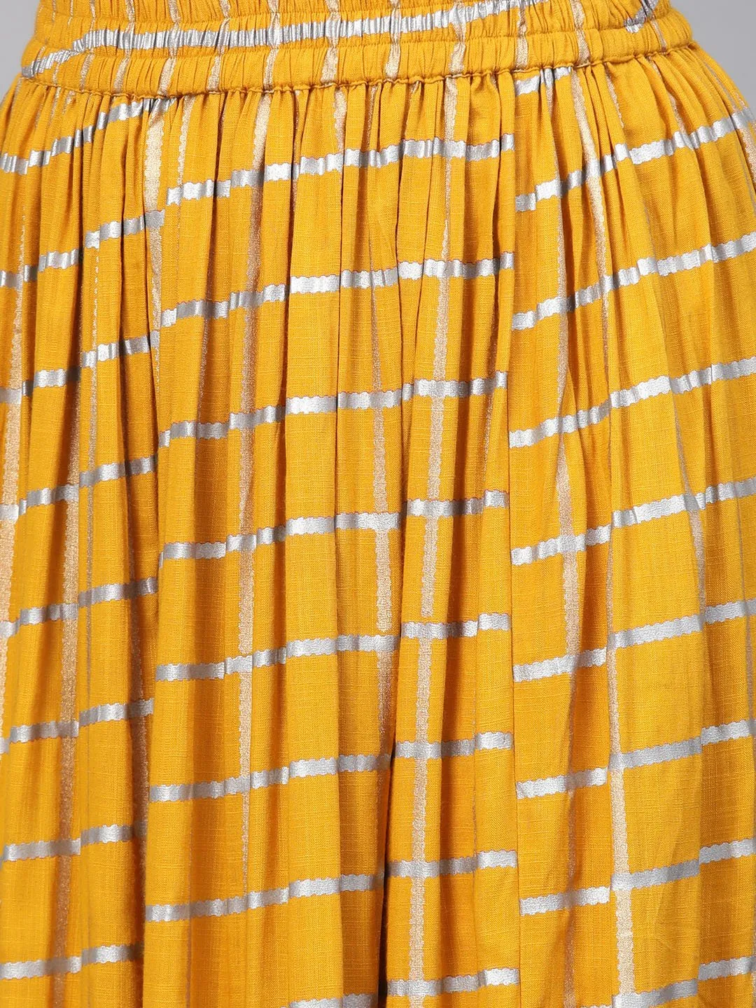 Grey Printed Straight Kurta Set With Mango Checked Skirt