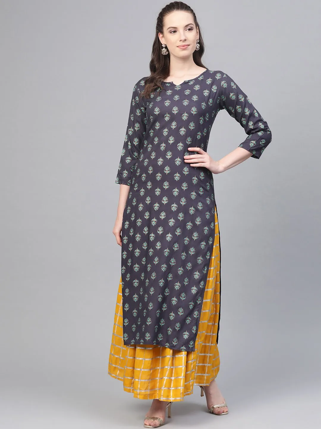 Grey Printed Straight Kurta Set With Mango Checked Skirt