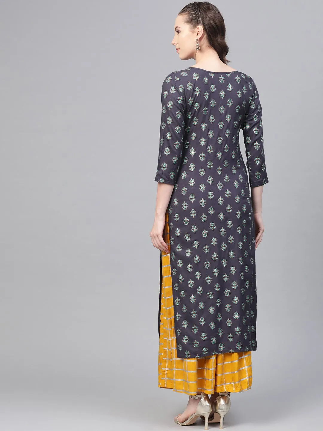 Grey Printed Straight Kurta Set With Mango Checked Skirt