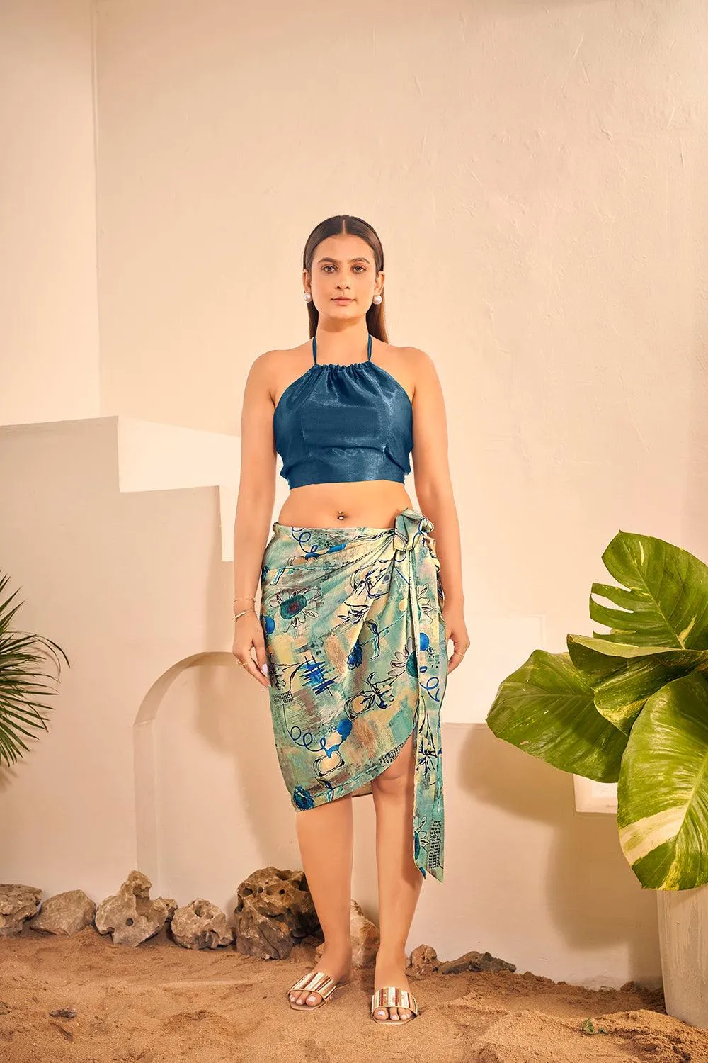 Halter Neck Top with Printed Cover up Sarong Set