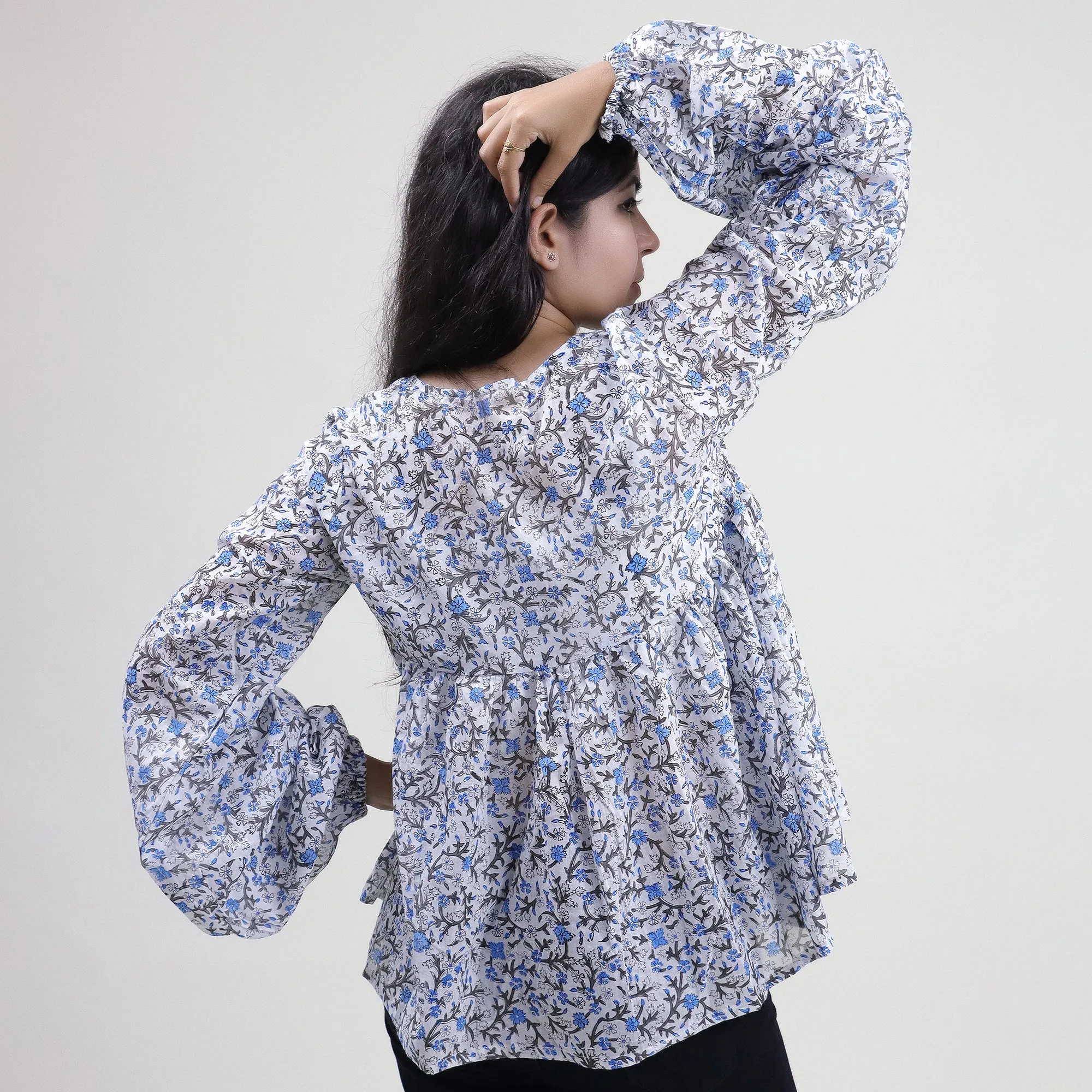 Hand Block Floral Printed V Neck Crop Top For Girls