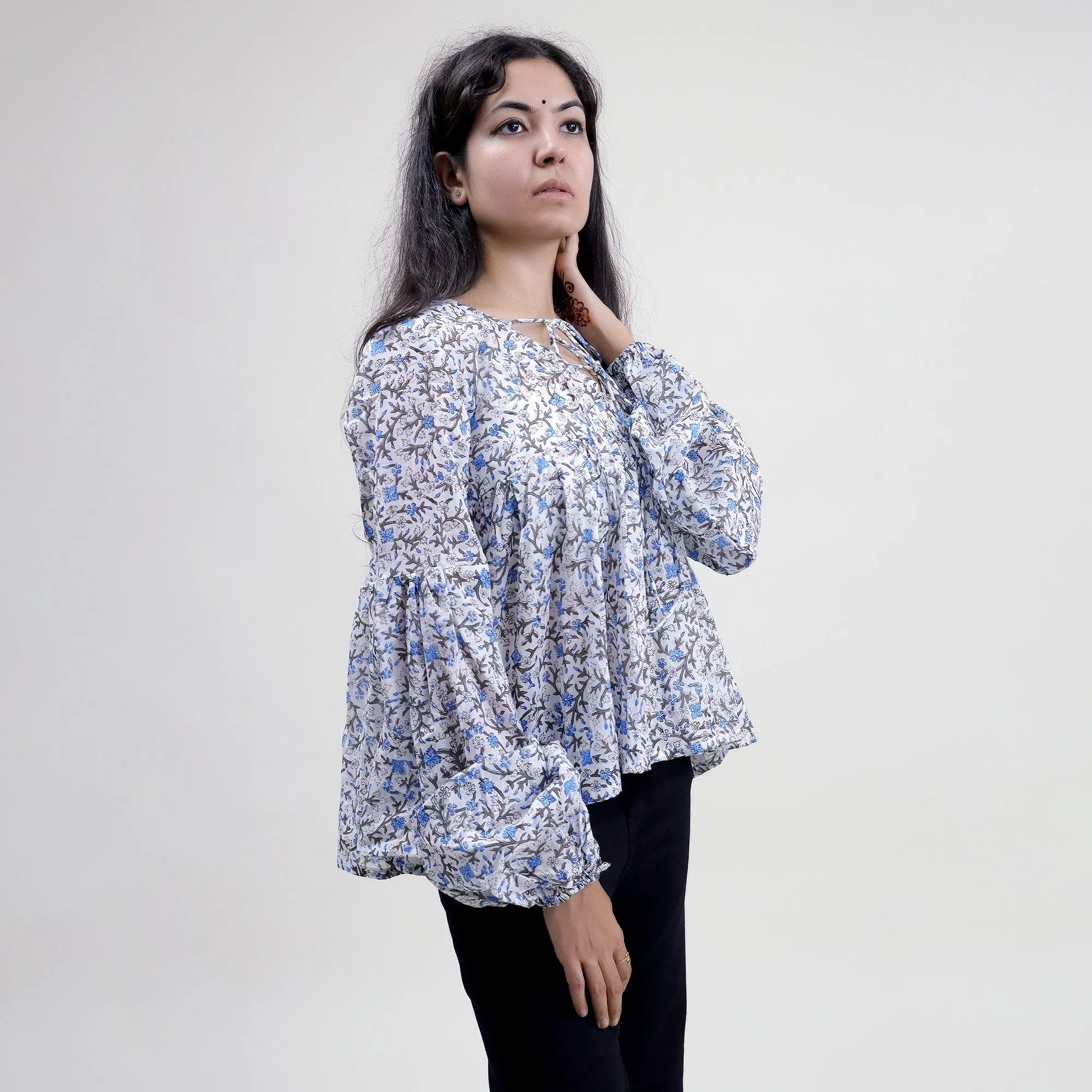 Hand Block Floral Printed V Neck Crop Top For Girls