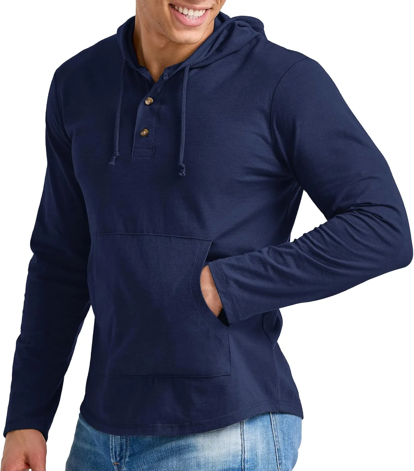 Hanes Men's Originals Lightweight Jersey Hoodie, Cotton Hooded Sweatshirt with Henley Collar