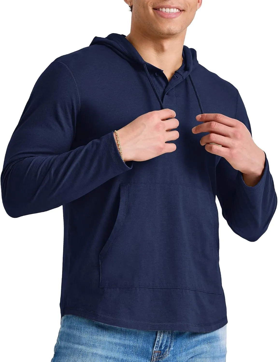 Hanes Men's Originals Lightweight Jersey Hoodie, Cotton Hooded Sweatshirt with Henley Collar