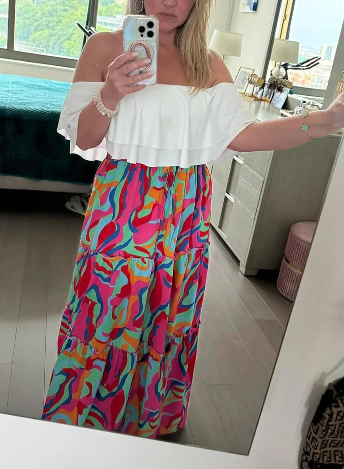 Happy Sailed Womens Floral Print Boho Maxi Skirt Elastic High Waist Pleated Ruffle Flowy Long Skirts S-XL