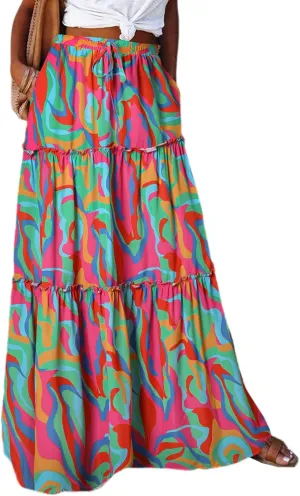 Happy Sailed Womens Floral Print Boho Maxi Skirt Elastic High Waist Pleated Ruffle Flowy Long Skirts S-XL