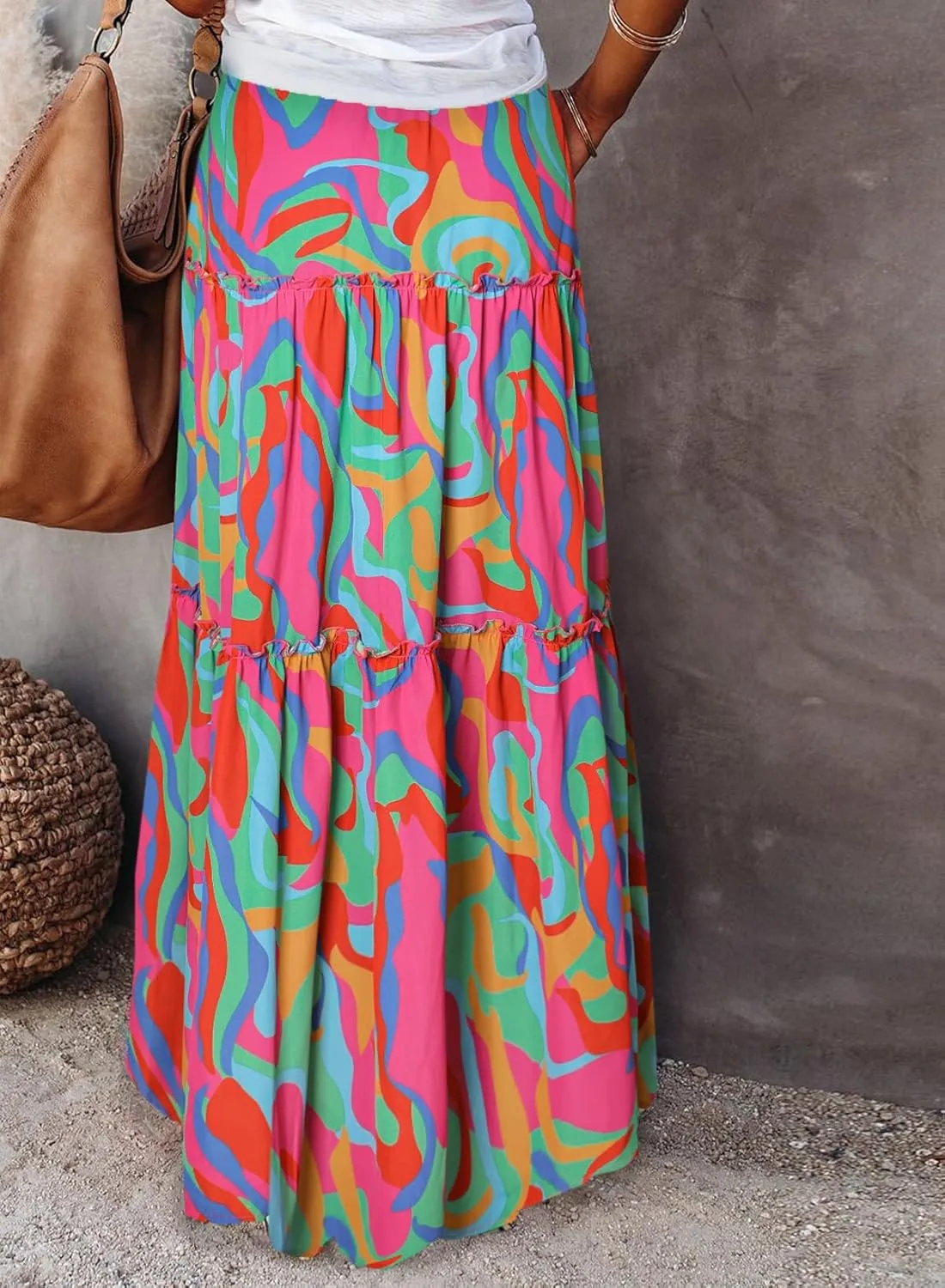 Happy Sailed Womens Floral Print Boho Maxi Skirt Elastic High Waist Pleated Ruffle Flowy Long Skirts S-XL