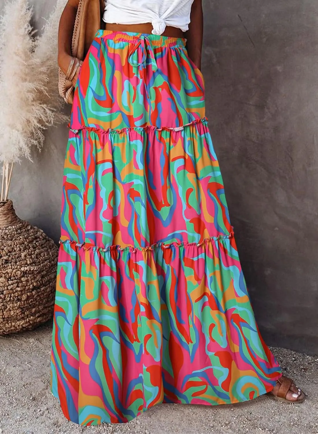 Happy Sailed Womens Floral Print Boho Maxi Skirt Elastic High Waist Pleated Ruffle Flowy Long Skirts S-XL