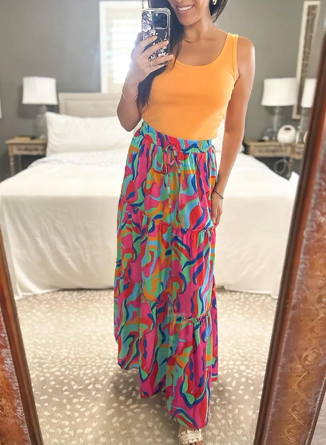 Happy Sailed Womens Floral Print Boho Maxi Skirt Elastic High Waist Pleated Ruffle Flowy Long Skirts S-XL