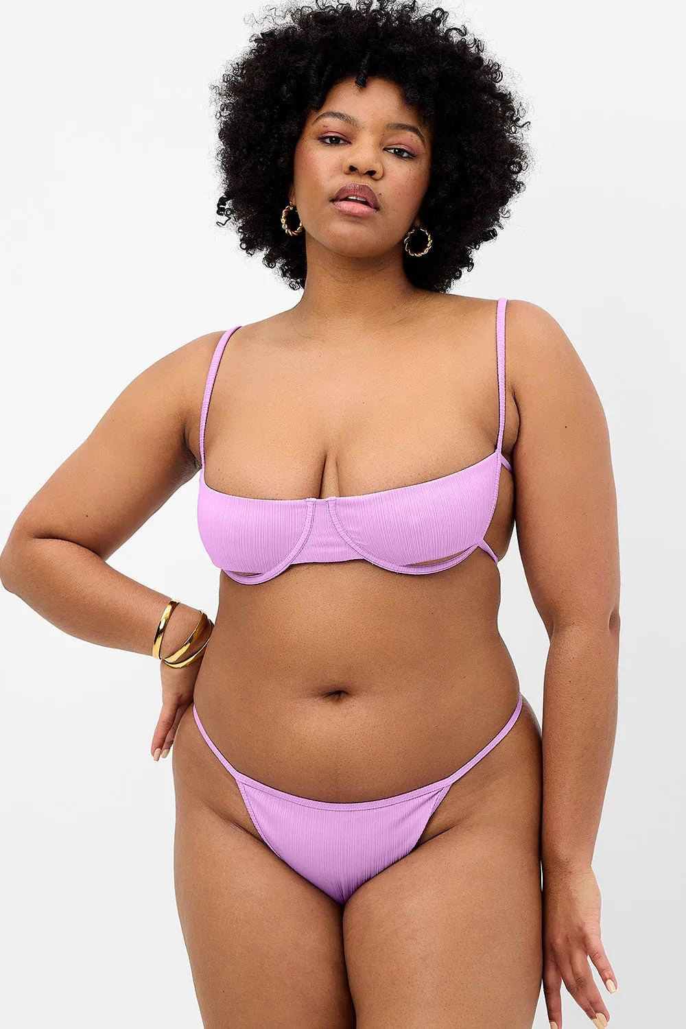 Harmony Plissé Thong Bikini Bottom - Wisteria
