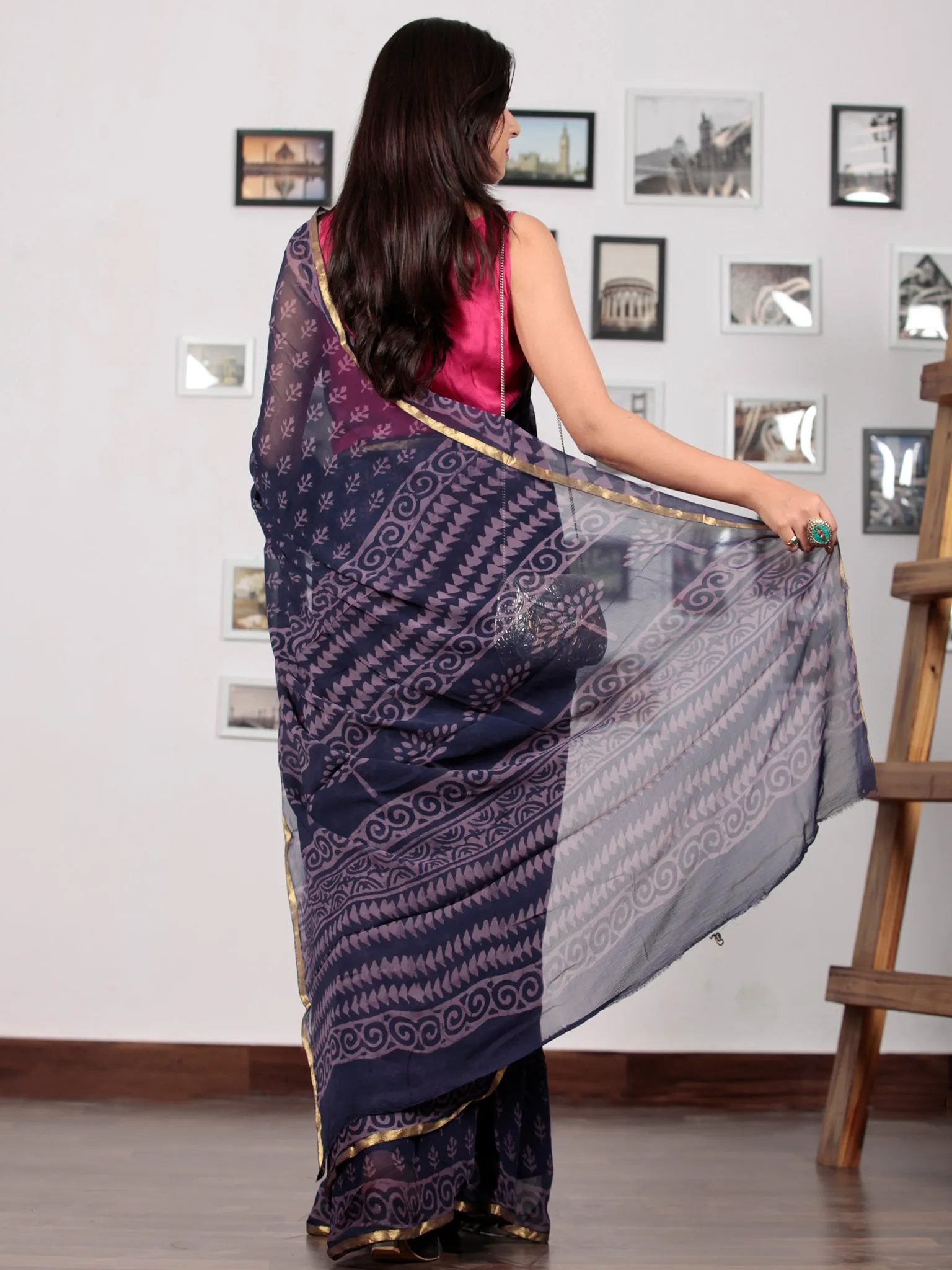 Indigo Lavender Hand Block Printed Chiffon Saree with Zari Border - S031702766