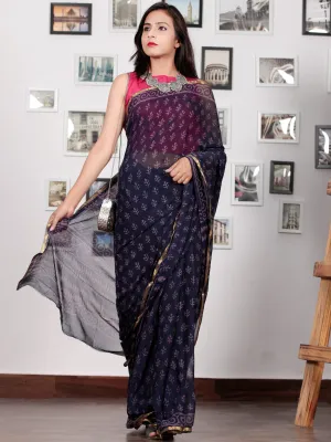 Indigo Lavender Hand Block Printed Chiffon Saree with Zari Border - S031702766