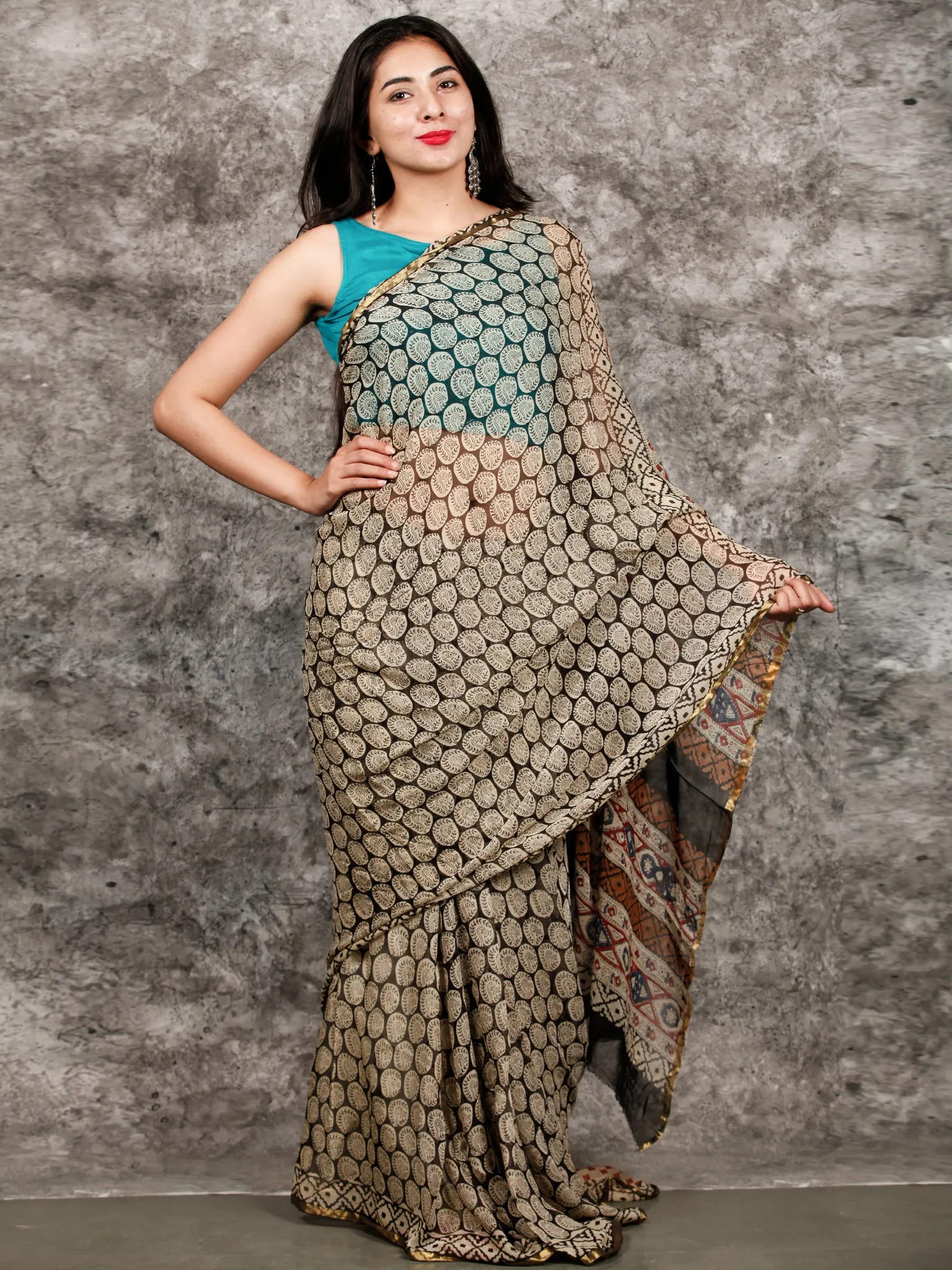 Ivory Black Hand Block Printed Chiffon Saree with Zari Border - S031703223