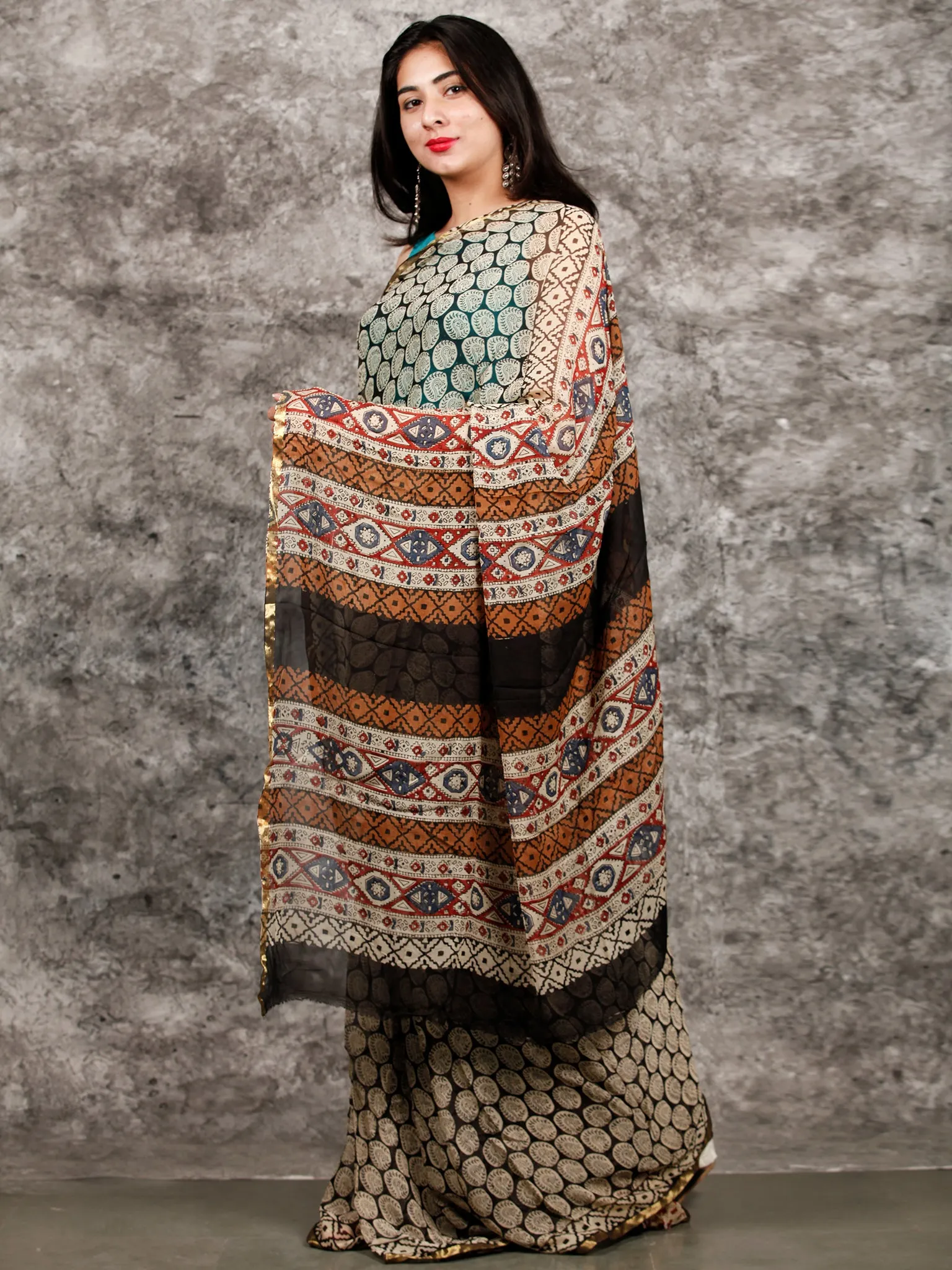 Ivory Black Hand Block Printed Chiffon Saree with Zari Border - S031703223